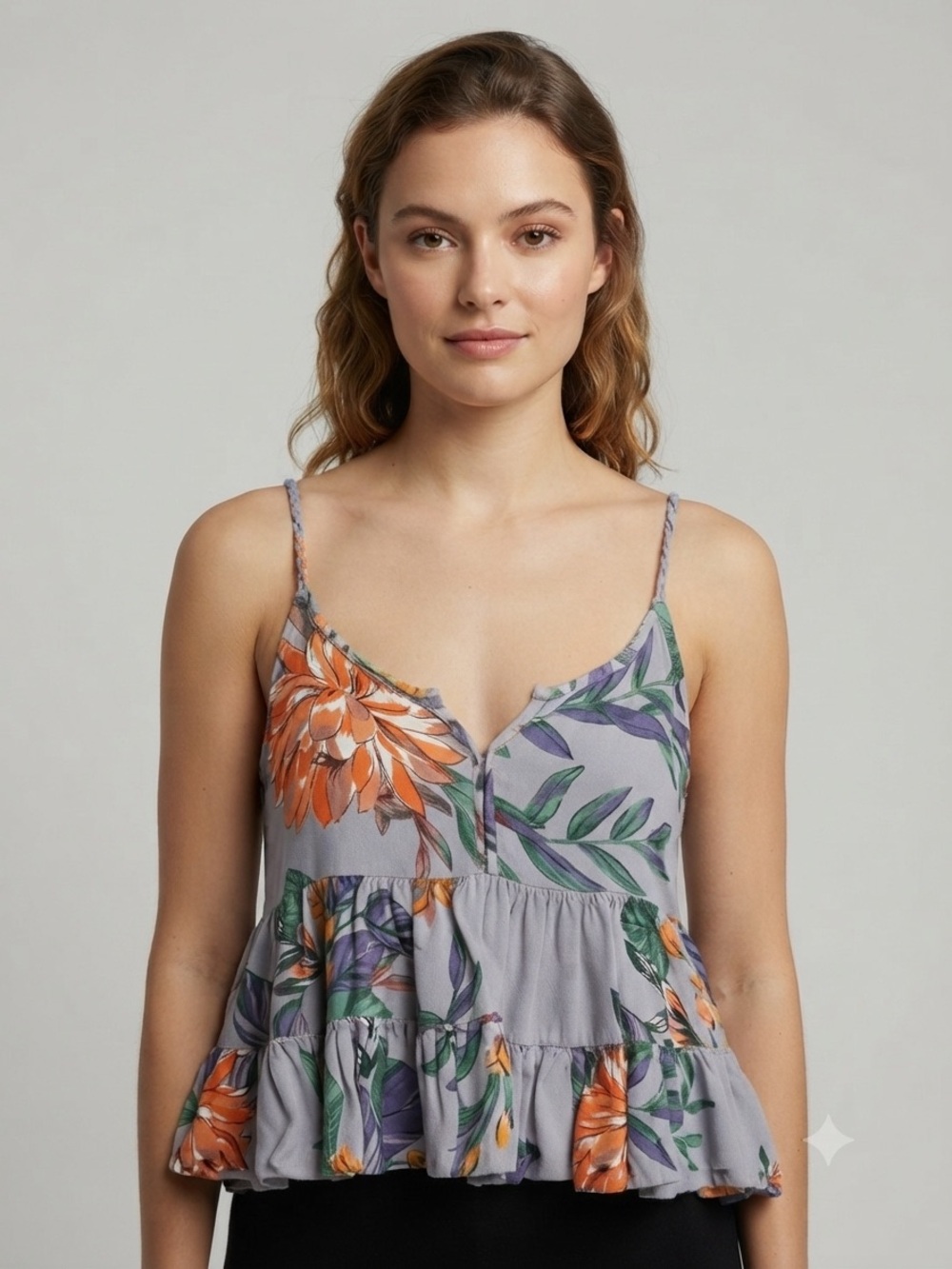 Patrons of Peace Floral Tiered Spaghetti Strap Top - Periwinkle & Orange Blooms